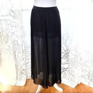 Black sheer silky pleated side slit long maxi skirt